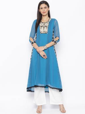 Blue Embroidered Georgette Party Wear Kurti 1