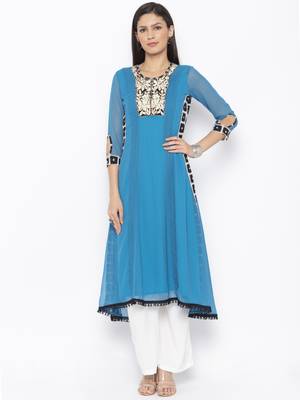 Blue Embroidered Georgette Party Wear Kurti 2