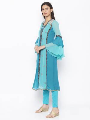 Blue Embroidered Georgette Party Wear Kurti 3