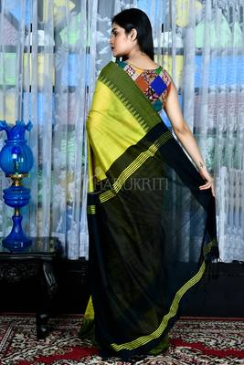 Light yellow hand woven blended cotton saree with blouse 2