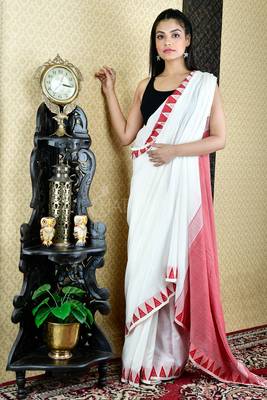 Milk White Pure Cotton Saree With All Over Weaving And Red Temple Border 1