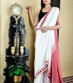 Milk White Pure Cotton Saree With All Over Weaving And Red Temple Border