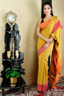 Mustered Yellow Pure Cotton Saree With Dual Border And Woven Pallu  1