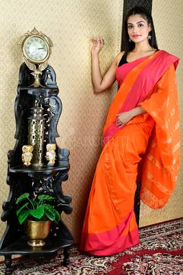 Salamander Orange Pure Cotton Saree With Pink Border And Zari Pallu 1