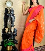 Salamander Orange Pure Cotton Saree With Pink Border And Zari Pallu