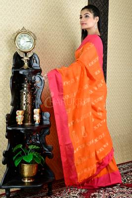Salamander Orange Pure Cotton Saree With Pink Border And Zari Pallu 2