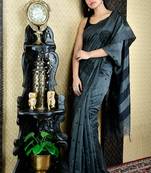 Steel Grey Blended Matka With Black Jaal Cut Embroidery