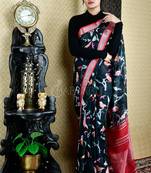 Black Bird Printed Cotton Blended Linen With Red Border