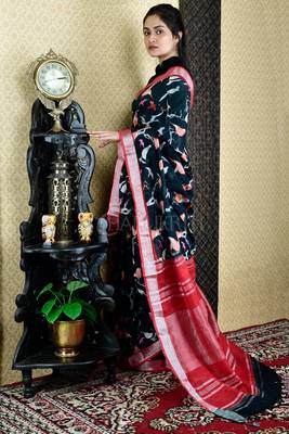 Black Bird Printed Cotton Blended Linen With Red Border 2