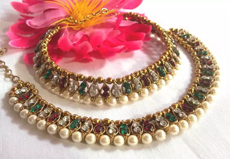 White Pearl Multi Color Stone Anklet