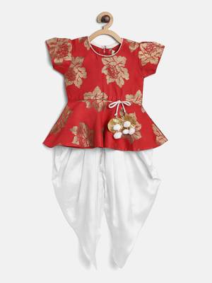 Red Silk Jacquard Peplum Top With Dhoti Set For Baby Girl 1