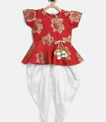 Red Silk Jacquard Peplum Top With Dhoti Set For Baby Girl