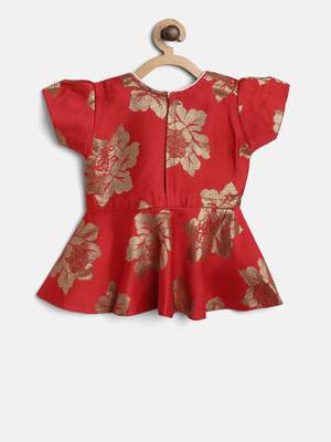 Red Silk Jacquard Peplum Top With Dhoti Set For Baby Girl 2
