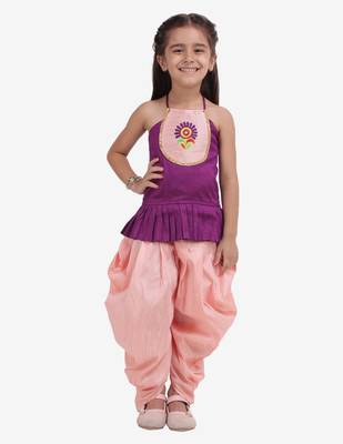 Purple Embroidered Top With Dhoti For Girls 1