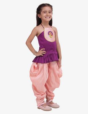 Purple Embroidered Top With Dhoti For Girls 3