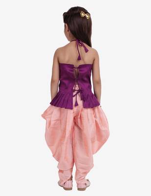 Purple Embroidered Top With Dhoti For Girls 5