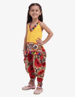 Yellow Shibori Embroidered Top Dhoti For Baby Girl Yellow 2