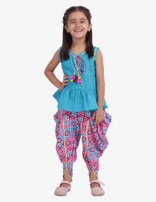 Blue Jaipuri Print Pure Cotton Dhoti Top For Baby Girls 1