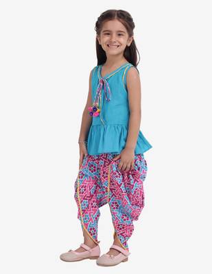 Blue Jaipuri Print Pure Cotton Dhoti Top For Baby Girls 2