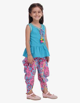 Blue Jaipuri Print Pure Cotton Dhoti Top For Baby Girls 3