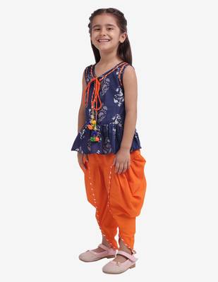 Blue Jaipuri Print Cotton Dhoti Top For Girls 2