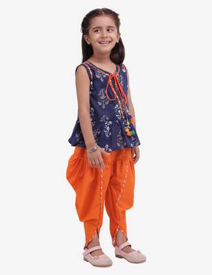 Blue Jaipuri Print Cotton Dhoti Top For Girls 3