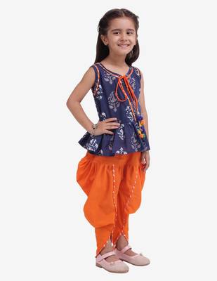 Blue Jaipuri Print Cotton Dhoti Top For Girls 4