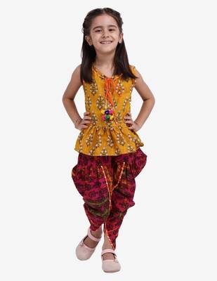 Yellow Jaipuri Print Pure Cotton Dhoti Top For Baby Girls Yellow 1