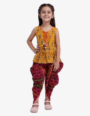 Yellow Jaipuri Print Pure Cotton Dhoti Top For Baby Girls Yellow 2