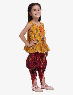 Yellow Jaipuri Print Pure Cotton Dhoti Top For Baby Girls Yellow 3