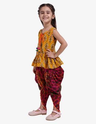 Yellow Jaipuri Print Pure Cotton Dhoti Top For Baby Girls Yellow 4