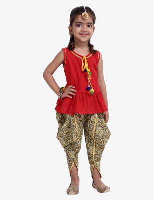 Red Jaipuri Print Pure Cotton Dhoti Top For Baby Girls 1