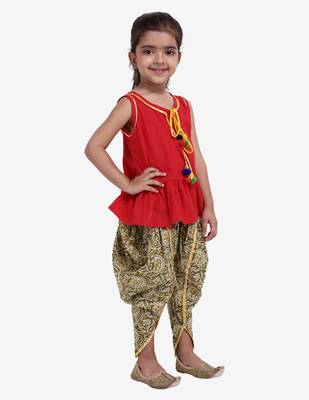 Red Jaipuri Print Pure Cotton Dhoti Top For Baby Girls 2