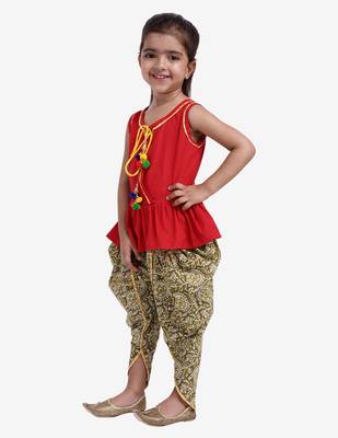 Red Jaipuri Print Pure Cotton Dhoti Top For Baby Girls 3