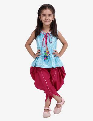 Blue Jaipuri Print Cotton Dhoti Top For Baby Girls 1