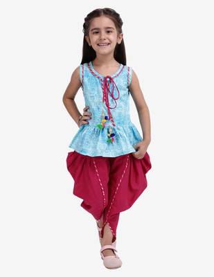 Blue Jaipuri Print Cotton Dhoti Top For Baby Girls 2