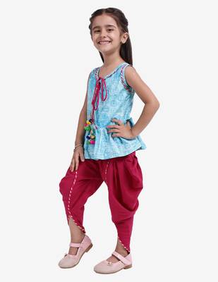 Blue Jaipuri Print Cotton Dhoti Top For Baby Girls 3