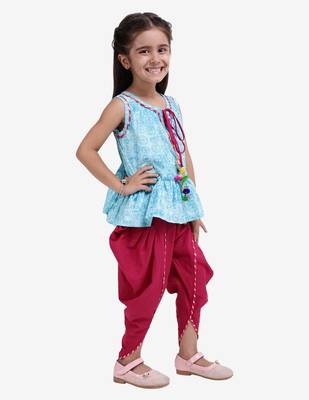 Blue Jaipuri Print Cotton Dhoti Top For Baby Girls 4