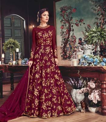 burgundy embroidered net anarkali  1
