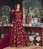  burgundy embroidered net anarkali 