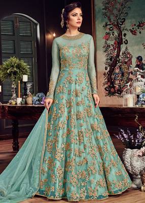 Sky-blue embroidered net anarkali suit  1