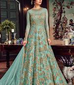 Sky-blue embroidered net anarkali suit 