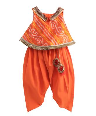 orange Bandhej lace work top with matching dhoti with latkans. 1