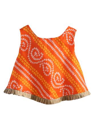 orange Bandhej lace work top with matching dhoti with latkans. 3