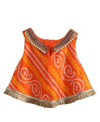 orange Bandhej lace work top with matching dhoti with latkans. 4