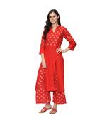 Women's Red Foil Print Straight Rayon Kurta