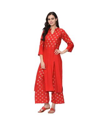 Women's Red Foil Print Straight Rayon Kurta Palazzo Set 1