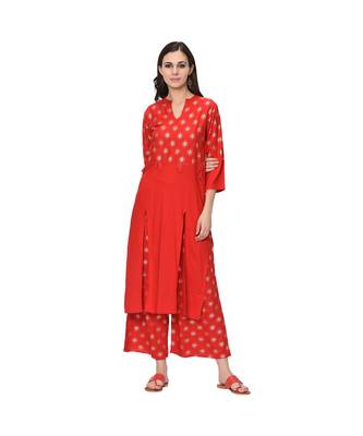 Women's Red Foil Print Straight Rayon Kurta Palazzo Set 2