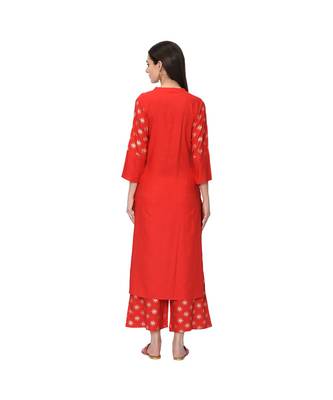 Women's Red Foil Print Straight Rayon Kurta Palazzo Set 3