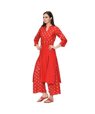 Women's Red Foil Print Straight Rayon Kurta Palazzo Set 4